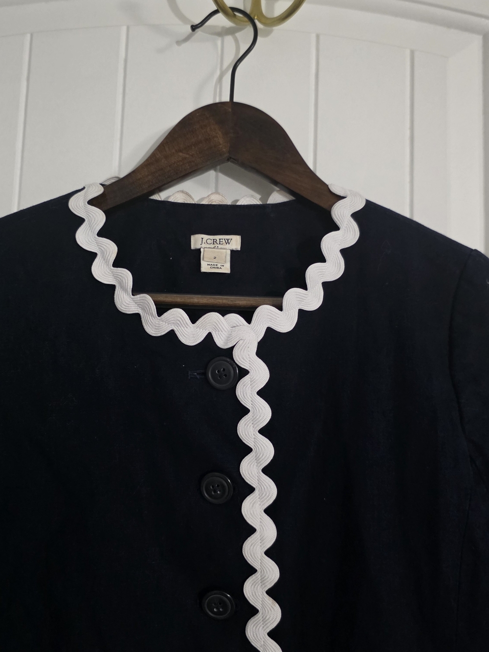 J.Crew Y2K Navy Linen Cotton Ric Rac Trim Lady Jacket Blazer Size 2 -18 inch ptp - Picture 10 of 11